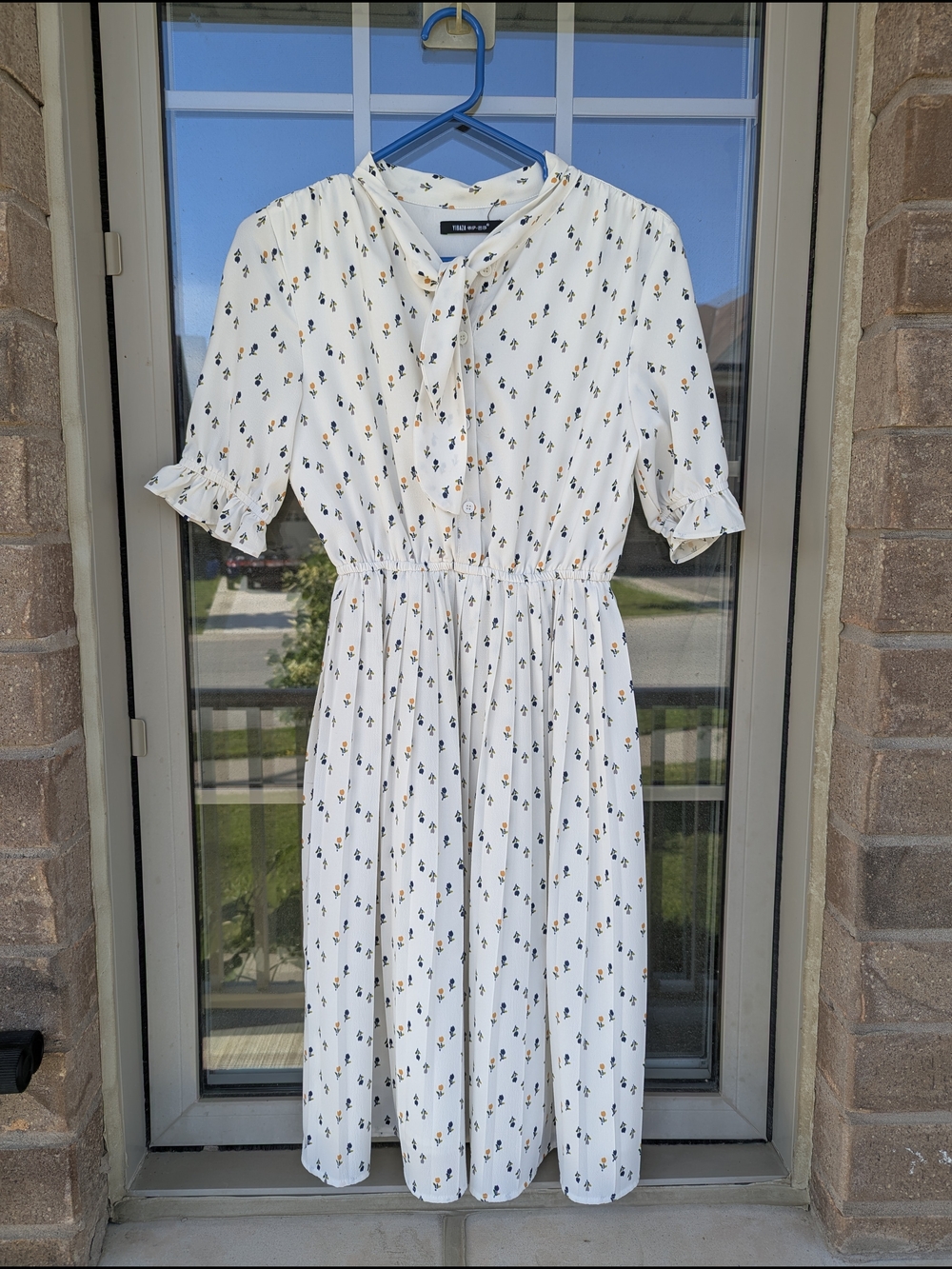 White Midi Dress with Blue and Yellow Floral Print